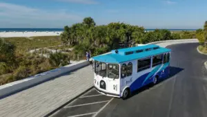 Siesta Key trolley shuttle near Siesta Beach in Siesta Key Florida, a car-free way to get around, do you need a car on Siesta Key