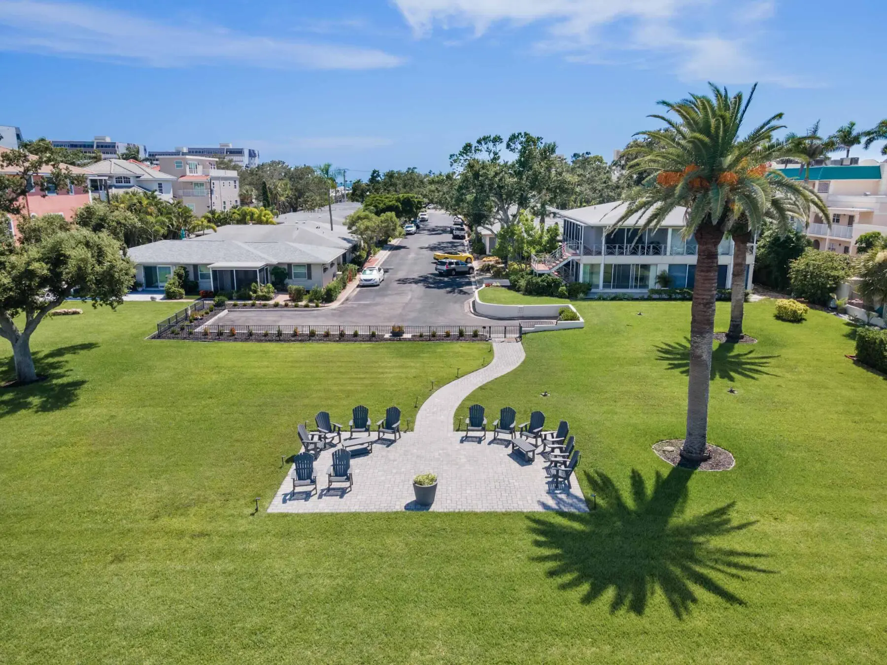 Aerial view of Provincial Gardens courtyard lawn on Siesta Key, Florida — peaceful grounds for a relaxing Siesta Key vacation stay